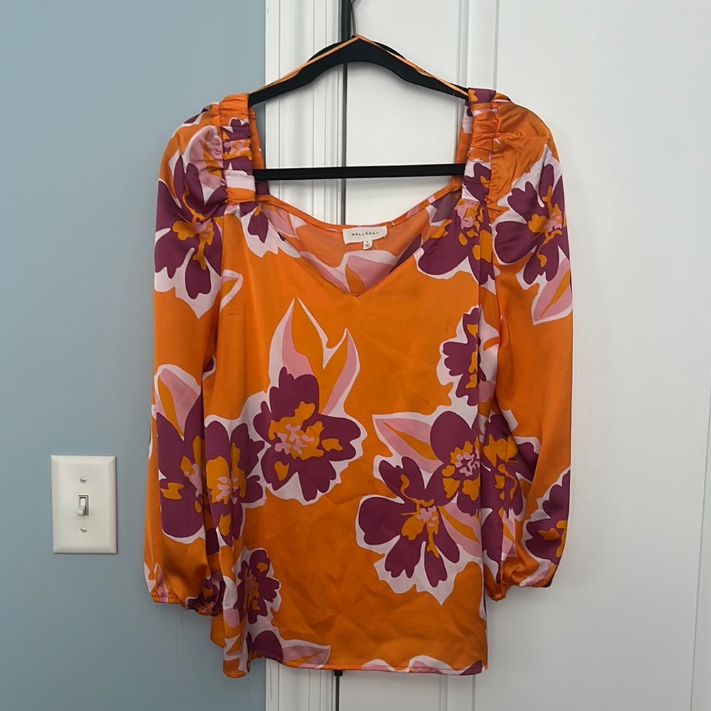 Mellóday Orange and Purple Ruffled 3/4 Sleeve Blouse